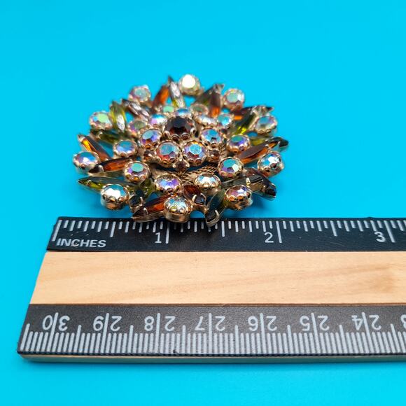 Vintage Topaz AB Rhinestone Floral Brooch Green Navette Gold Tone 2.25\